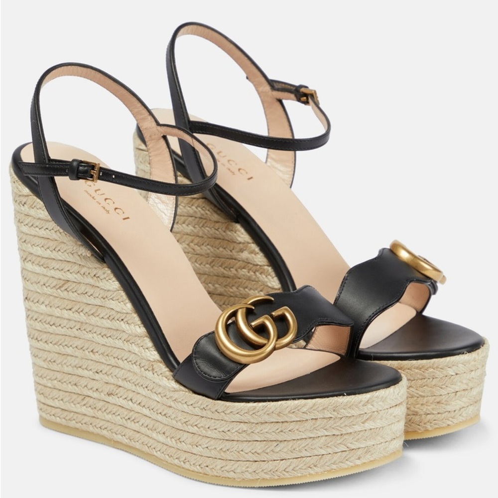 Gucci Black and Gold Wedge Sandals